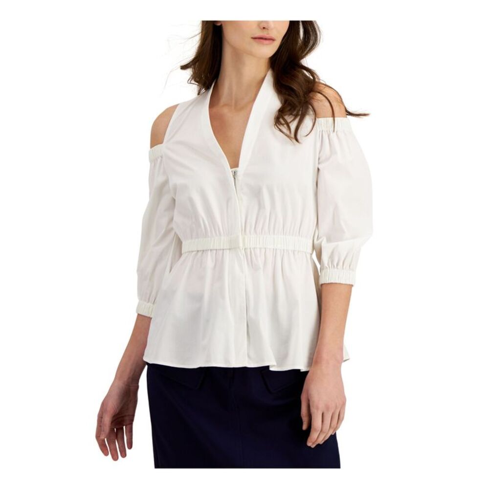 DONNA KARAN Womens White Sheer Unlined Pullover 3/4 Sleeve V Neck Peplum Top S - Picture 1 of 3